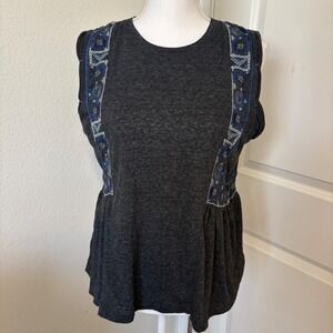 Free People Embroidered Peplum Sleeveless Top Charcoal Grey Blue Boho Womens L